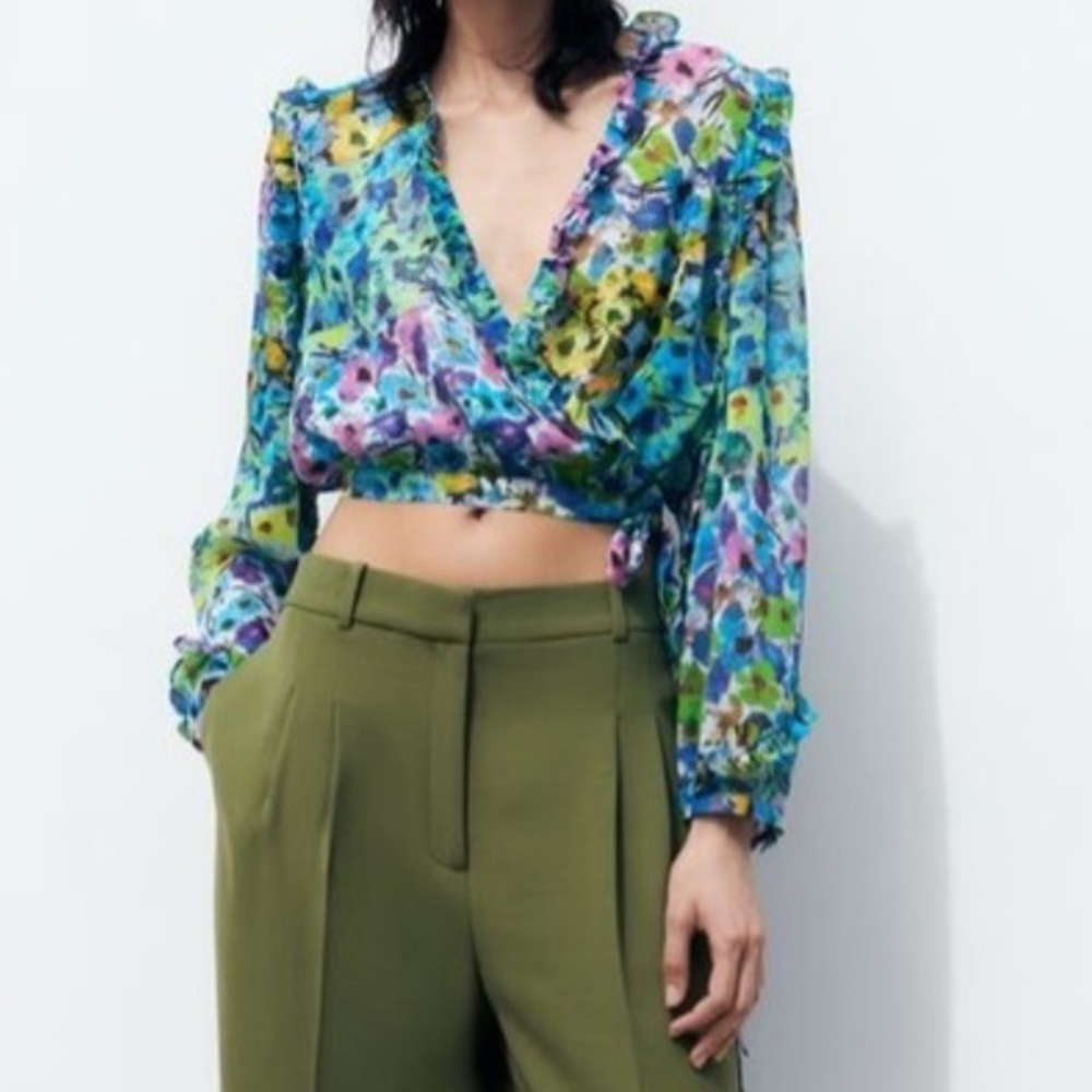 Zara Sheer Boho Cropped Floral Ruffled Long Sleeve Small Top